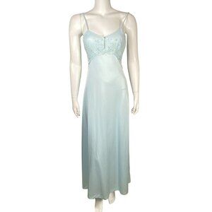 Vintage Full Slip Dress Nightgown Size S Embroidered Flowers Nylon Light Blue